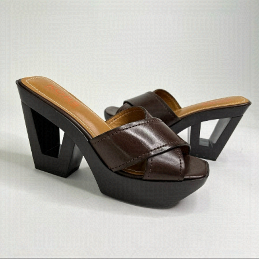 KORS Michael Kors Brown Leather 70s Retro Geometric Cut-out Platform Sandals